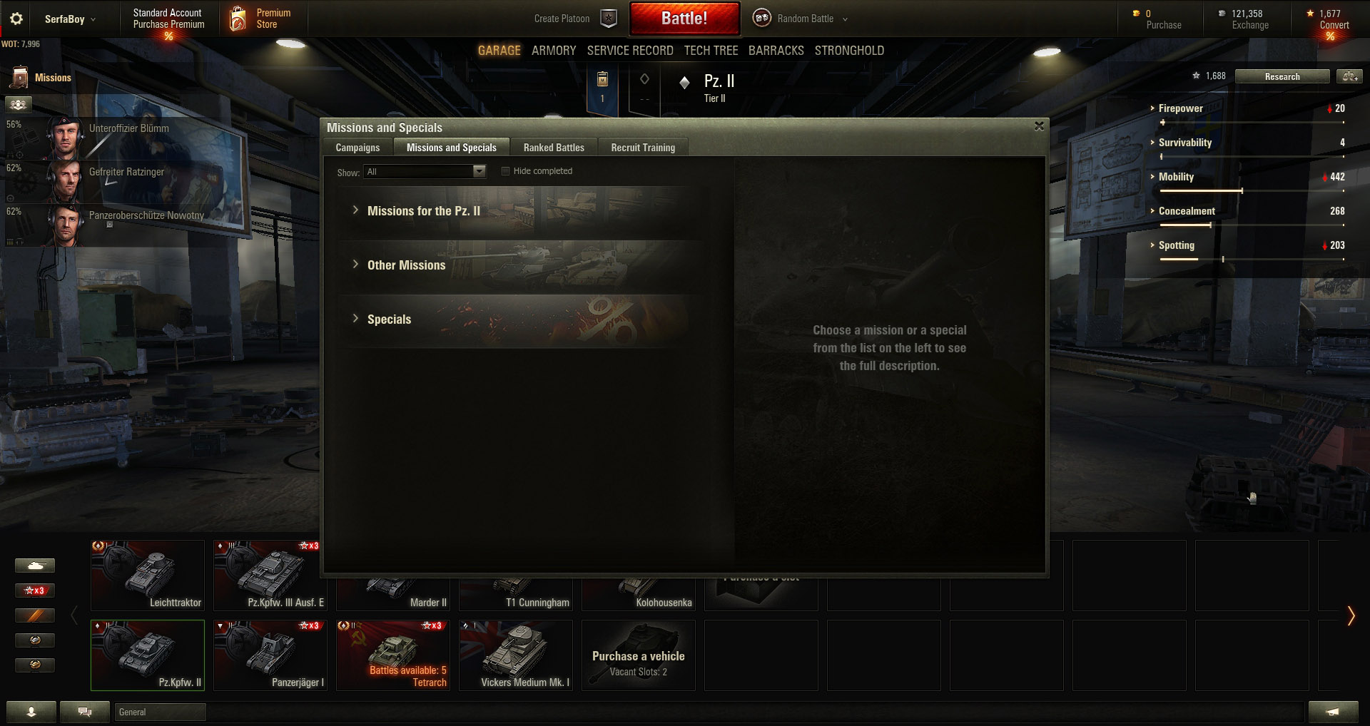 Under the Missions and Specials tab you will find Missions for the selected tank, Other Missions, and Specials.