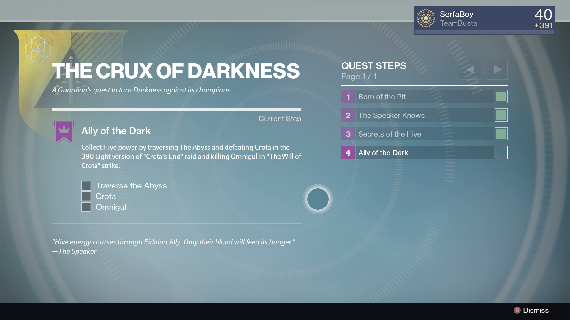 Complete the 390 Crota's End raid and kill Omnigul to receive the Essence of the Oversoul, the final piece to unlocking the Necrochasm.