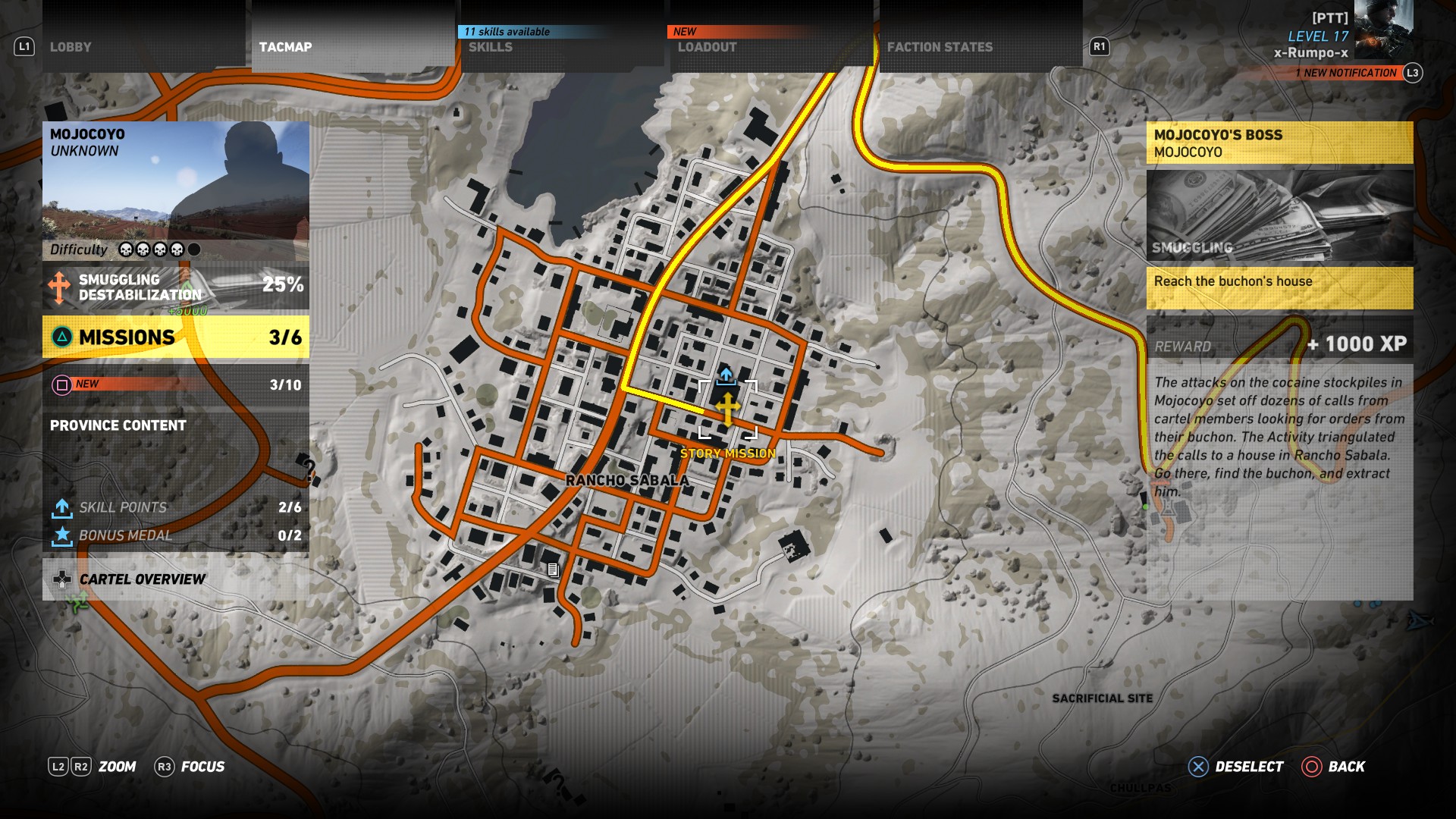 This map shows the mission area for the Mojocoyo's Boss mission in Ghost Recon Wildlands