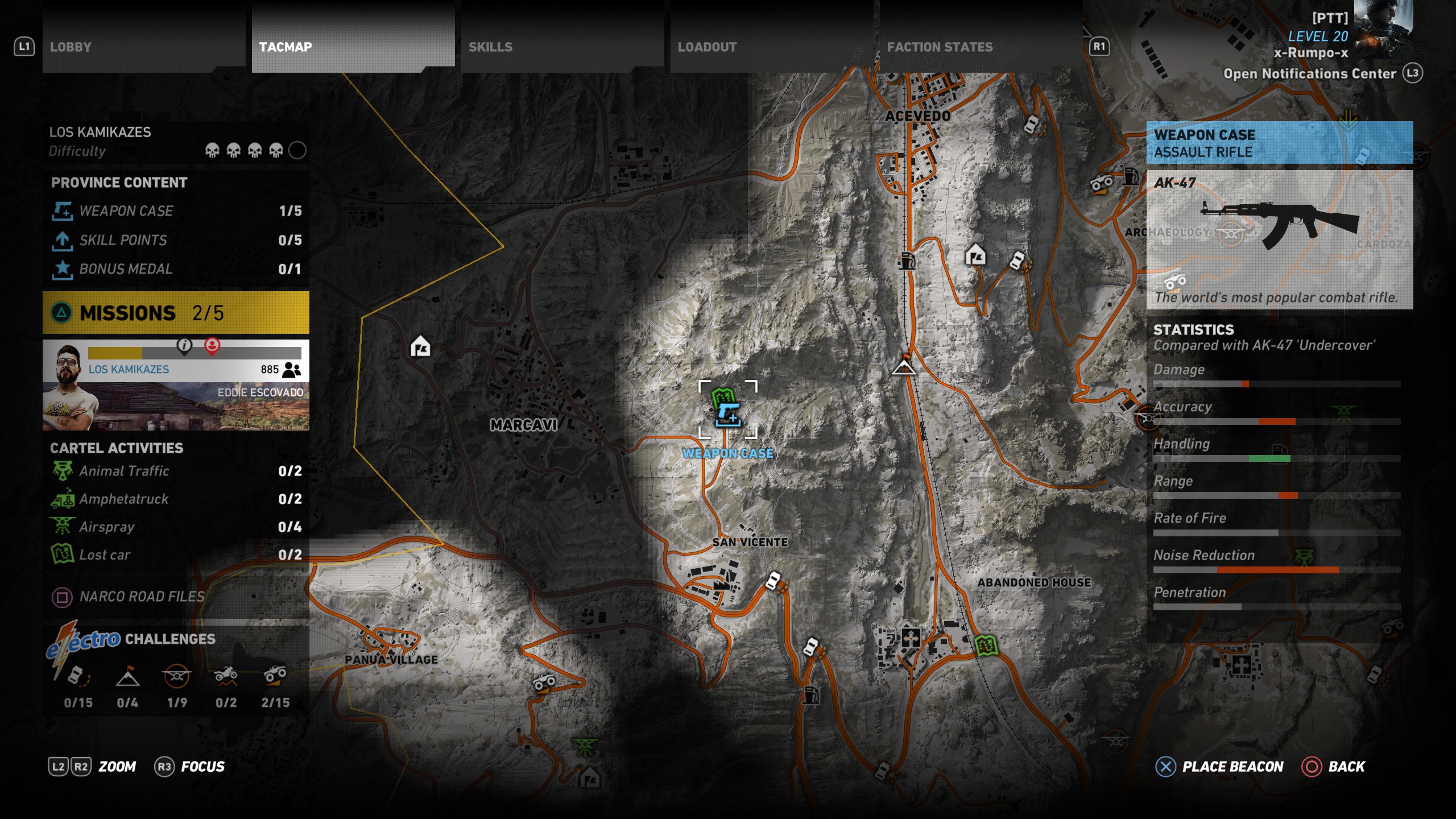 A zoomed out look at the location for the AK 47 in Narco Road of Ghost Recon Wildlands.