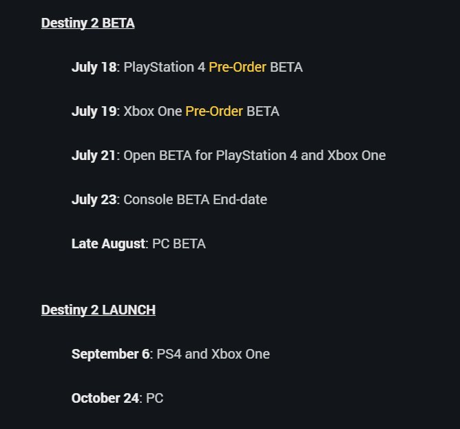 Destiny 2 Beta Dates Confirmed