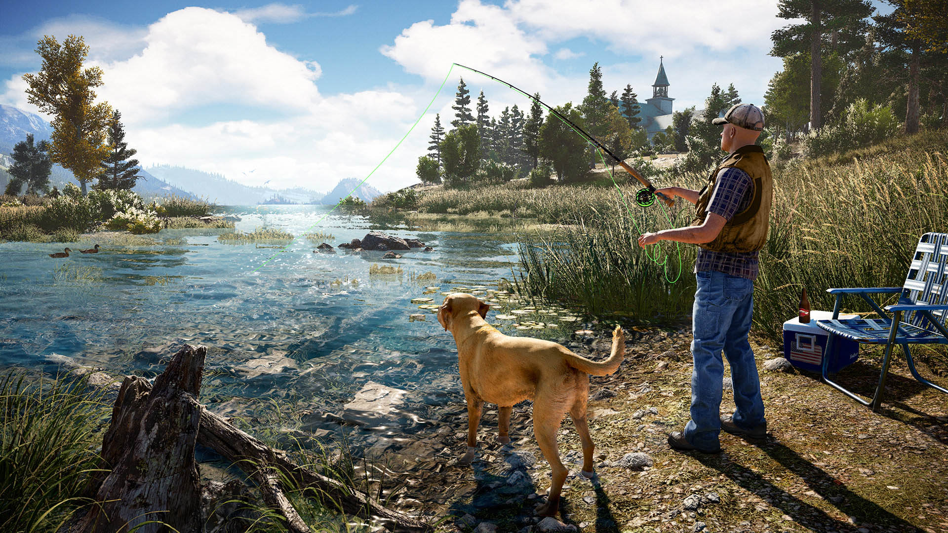 Fishing alongside your dog, Boomer, will be one way to get away from the trouble of killing cultists.