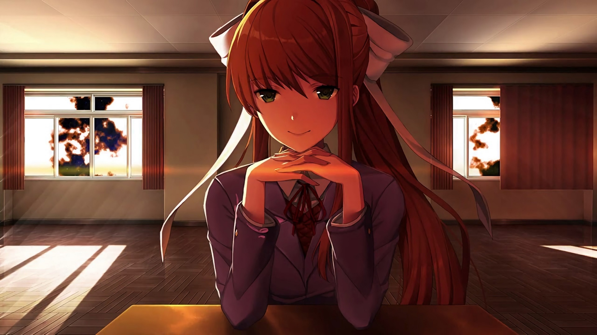Image of Monika from the game Doki Doki Literature Club sitting across a wooden table looking at the viewer. (If you don&#39;t get the reference, you probably haven&#39;t played Doki Doki Literature Club.)

