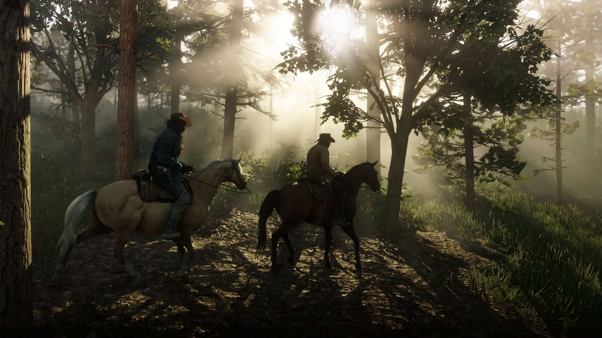 Two men ride through a forest. Horse Guide for Red Dead Redemption 2