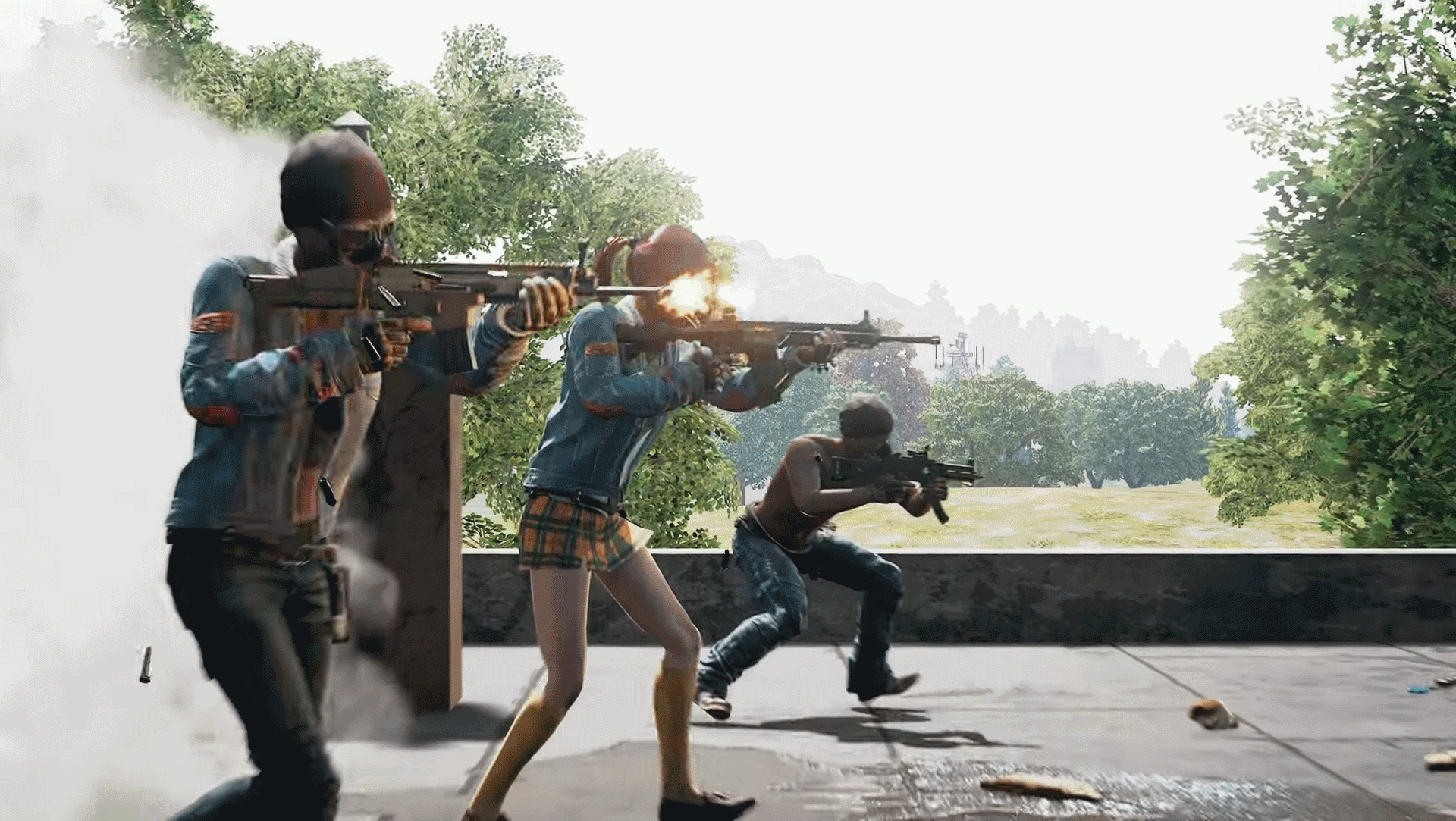 Several players fire guns on a rooftop - The best launch options for PUBG