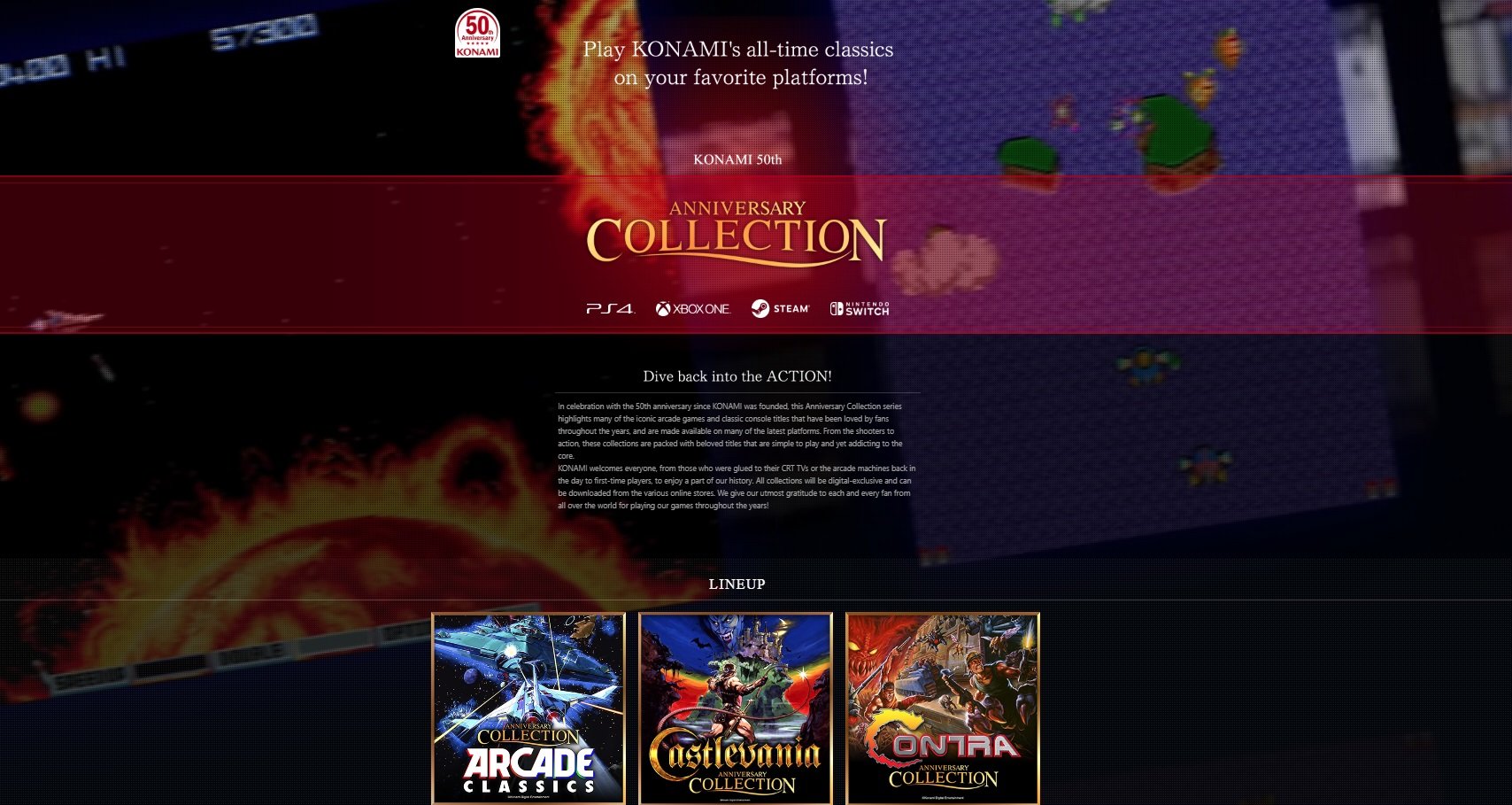 Konami announced three new Anniversary Collection sets which include one for their Arcade Classics, one for Castlevania, and another for Contra.