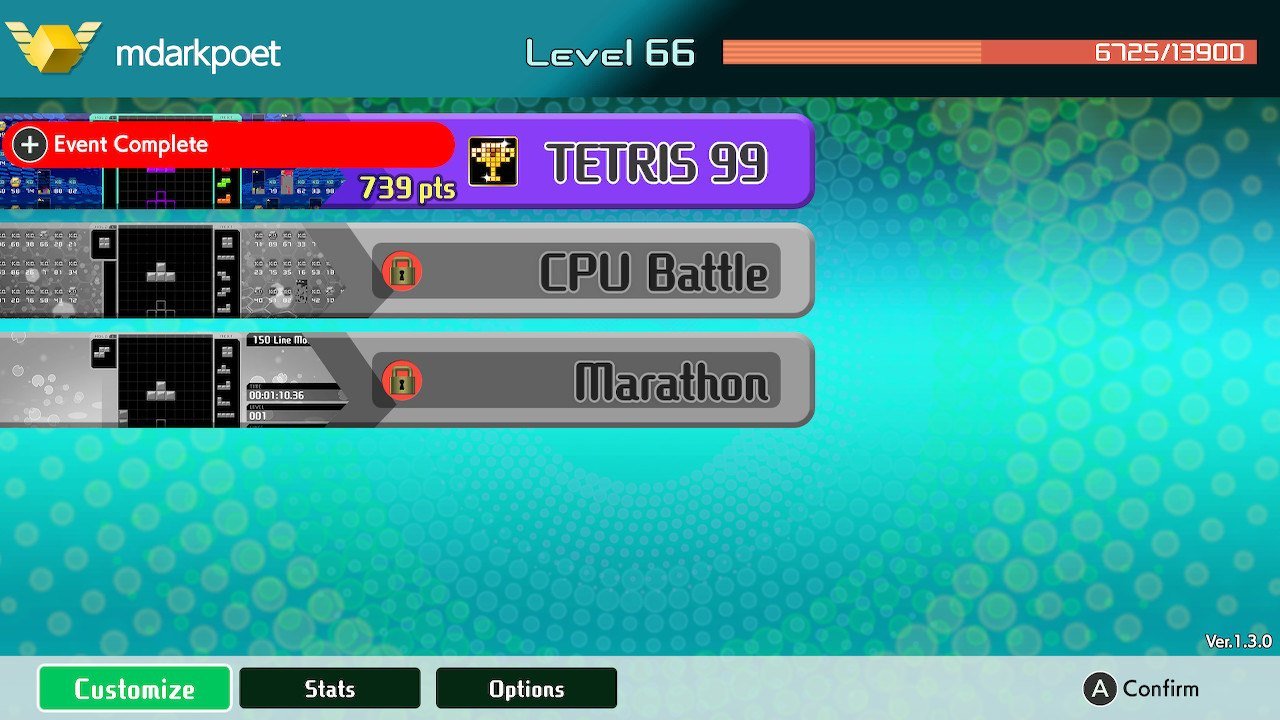 To change your custom theme, you'll need to select the Customize menu from your home screen in Tetris 99.