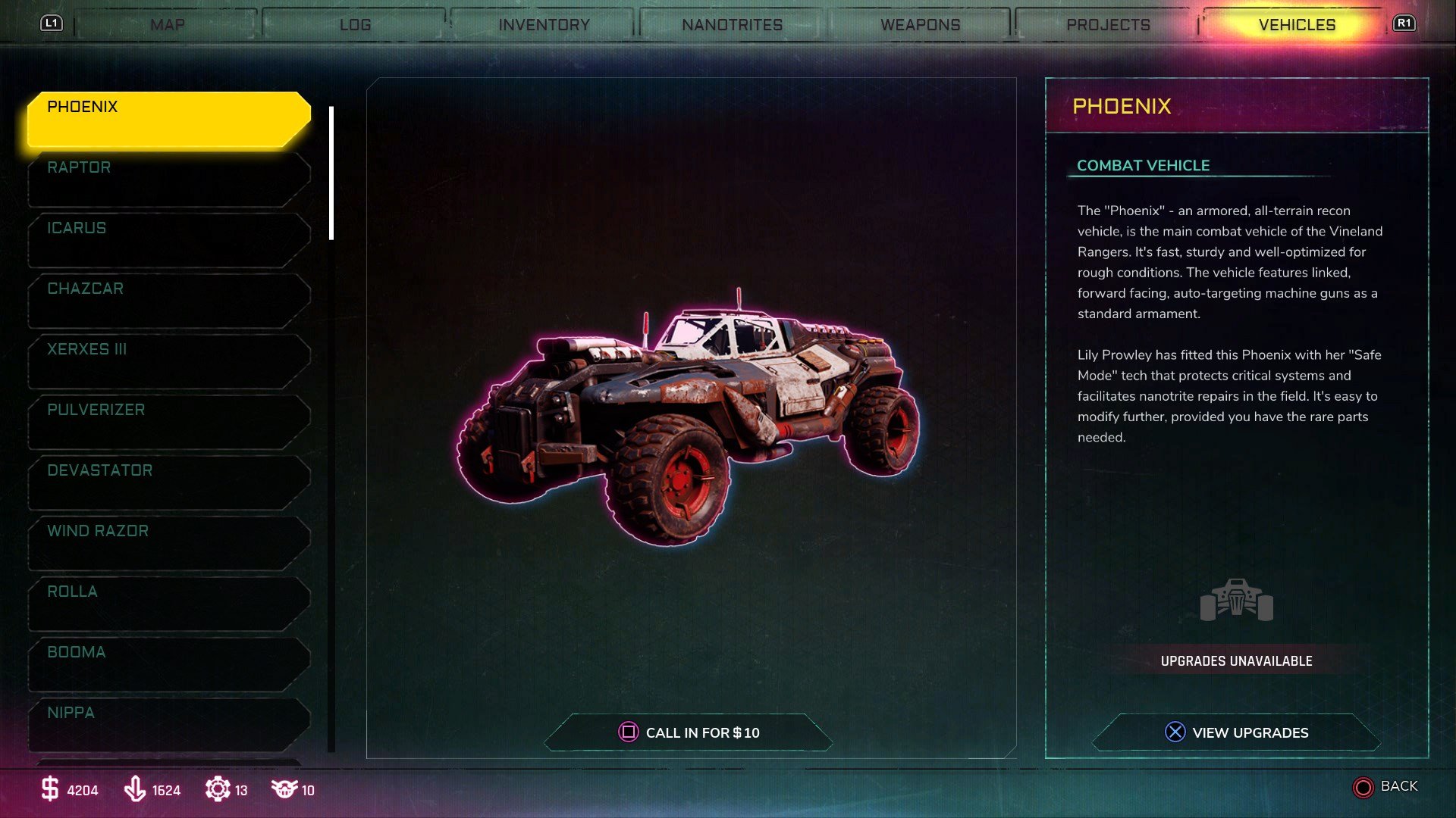 To spawn a vehicle, open your menu, select the Vehicles tab, then pick the vehicle you wish to spawn in Rage 2.