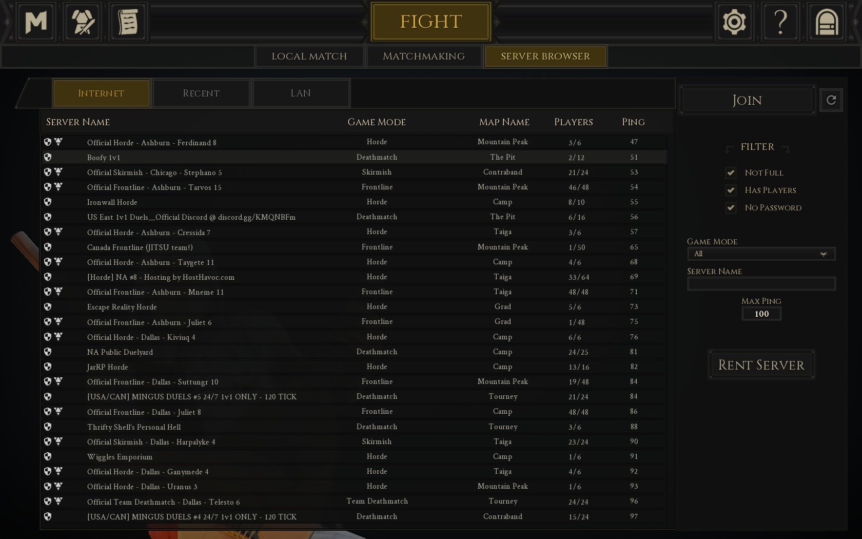 In the Server Browser tab, you'll find game mode options including Skirmish, Deathmatch, Team Deathmatch, Duels, and other misc options in Mordhau.