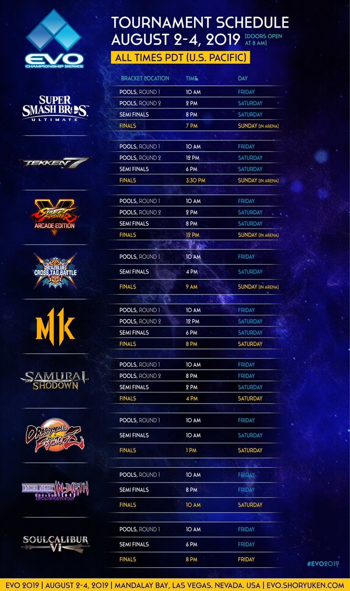 EVO 2019 schedule list by game smash street fighter tekken DBFZ