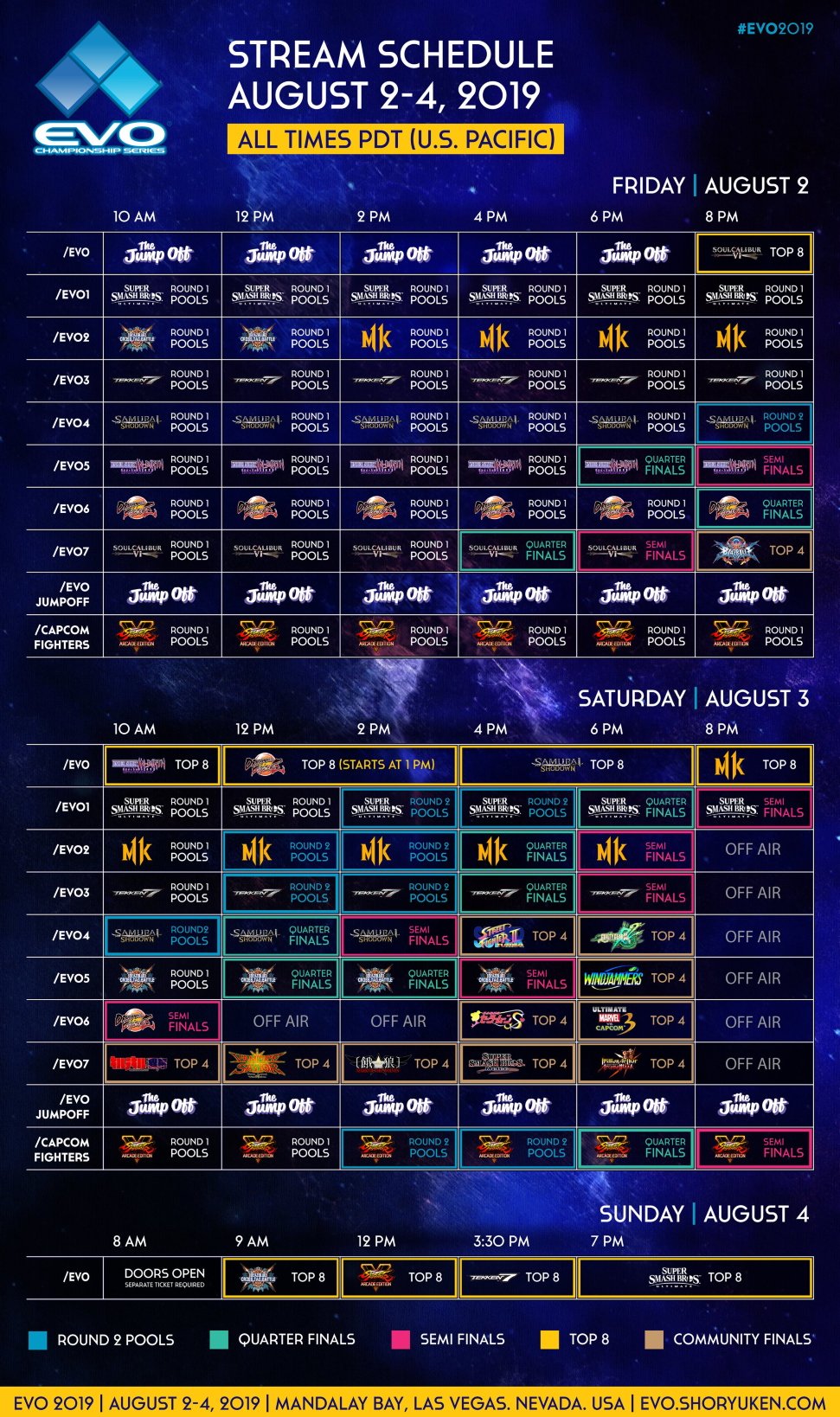 EVO 2019 Schedule Livestreams timezone