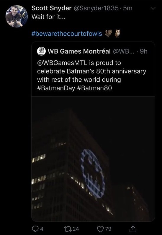 Court of Owls co-creator Scott Snyder retweeted WB Montreal's tweet.