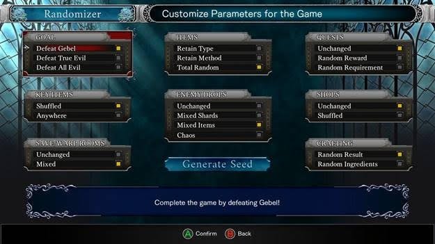 Bloodstained Randomizer mode options © 505 Games / Koji Igarashi