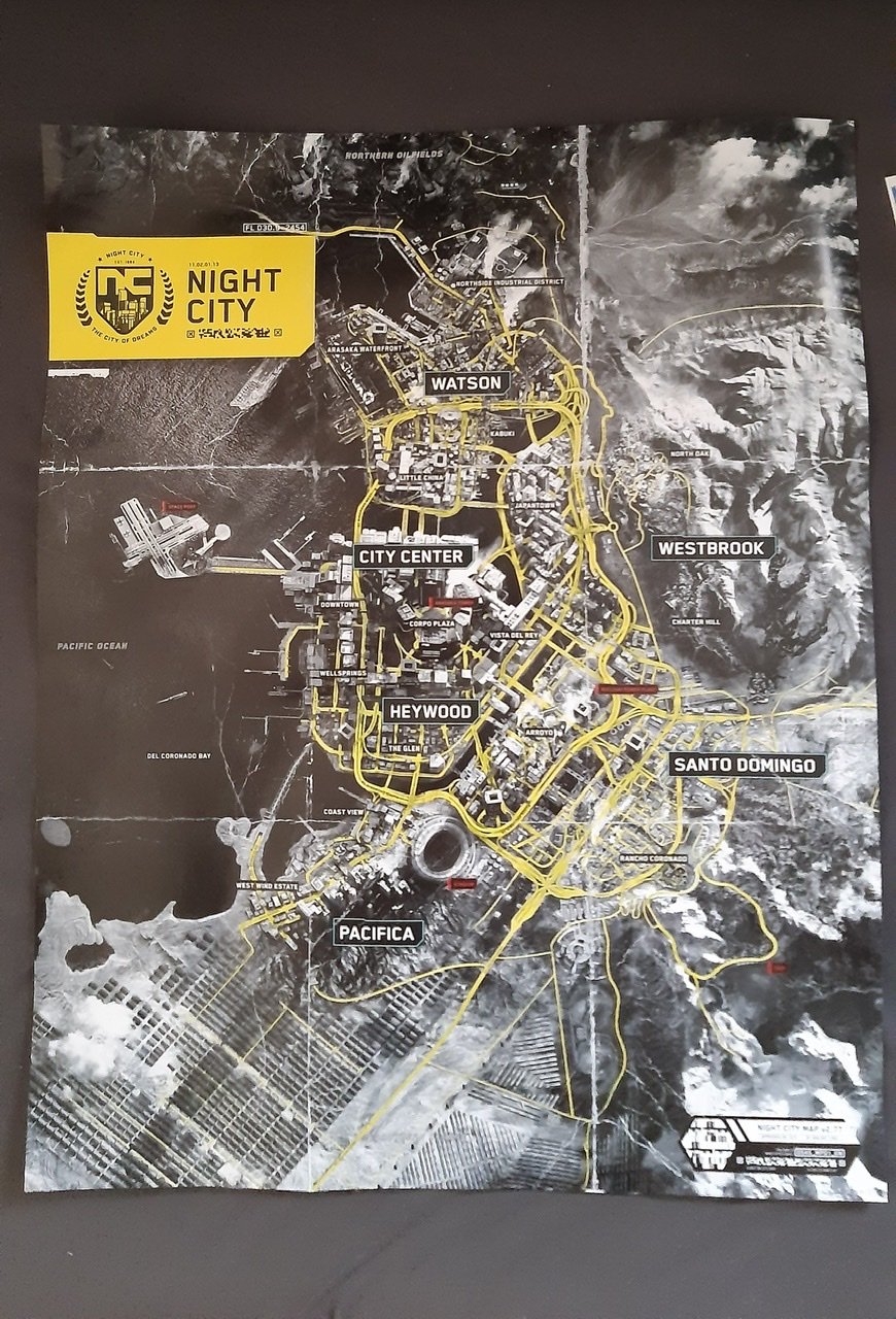 Cyberpunk 2077 map of Night City as it appears in retail boxed copies of the game.