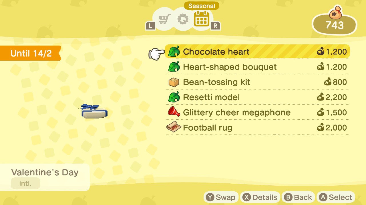 Animal Crossing new horizons valentines day items chocolate
