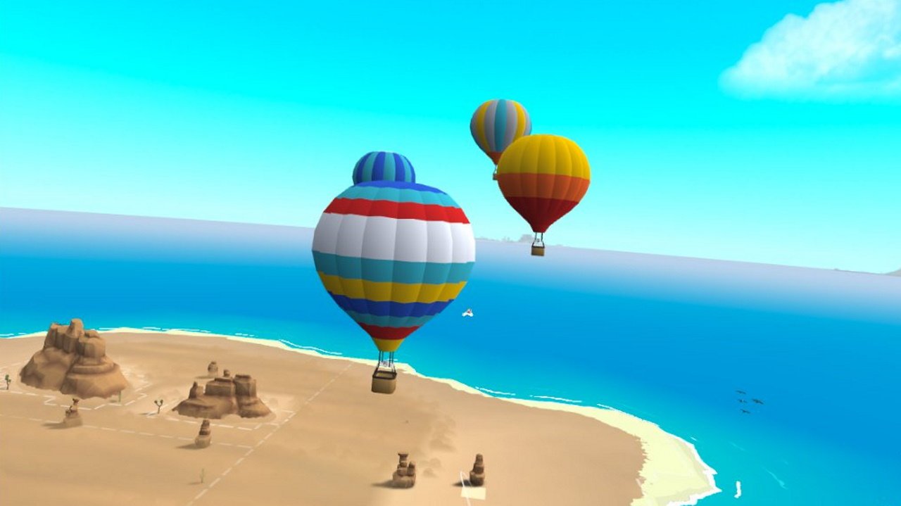 Little Cities review vr city builder - the player inspects some hot air balloons as they float above the desert