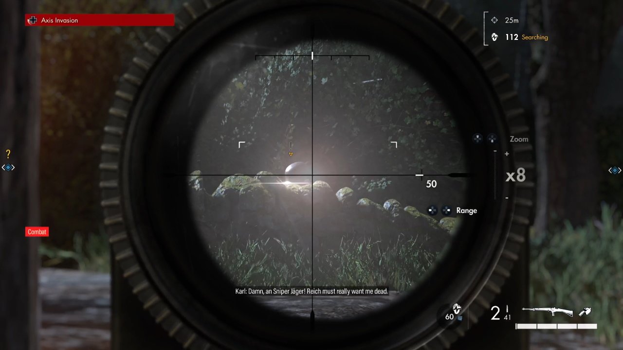 Sniper Elite 5 invasions standoff - a picture through the sniper scope looking at a german sniper as they aim back over a small stone wall