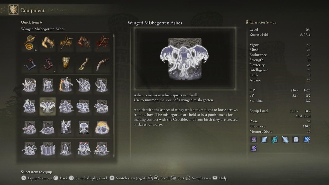 Elden Ring Archaeology misbegotten ashes - the in-game item description page for the Misbegotten Ashes