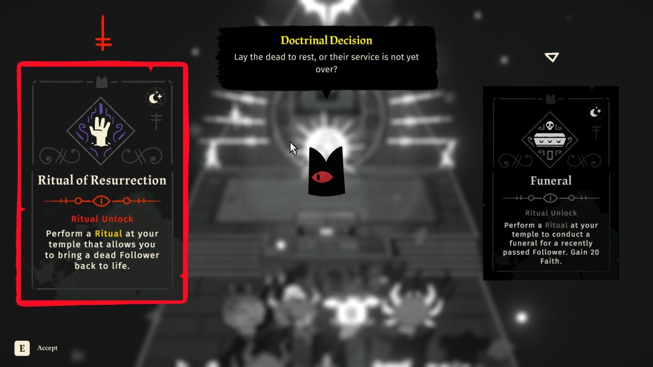 Cult of the lamb doctrines choice - an image showing two options for doctrines the player can employ