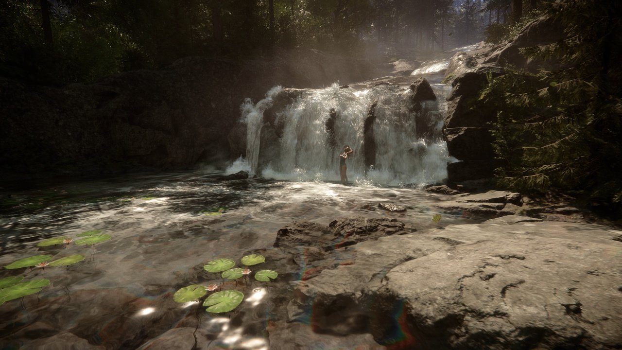 Sons of the forest differences the forest - a waterfall with a figure bathing under the water