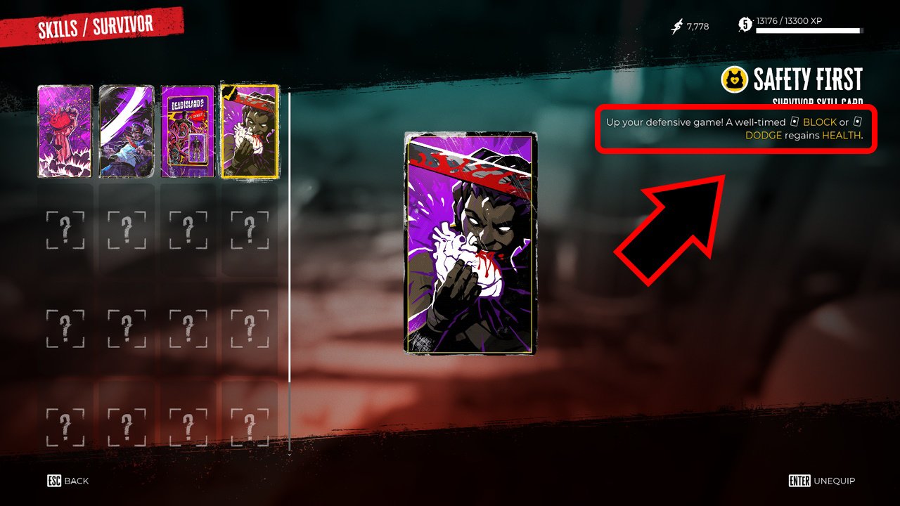 Dead Island 2 healing methods - the skill card menu with a healing card highlighted