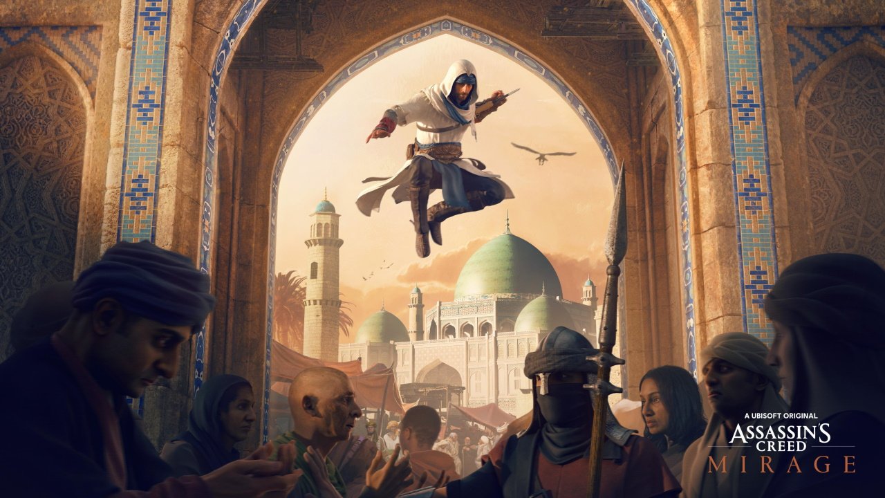 assassins creed mirage games in late 2023 - basim leaps above a crowd in an archway with his blade ready