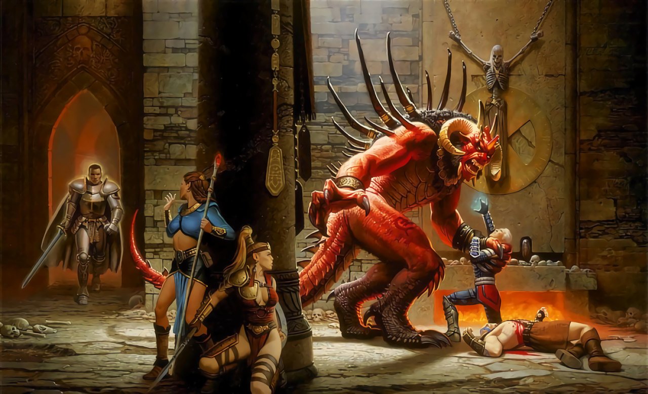 Best hells in video games diablo 2 - a demon grabs a wounded fighter while two others hide behind a pillar