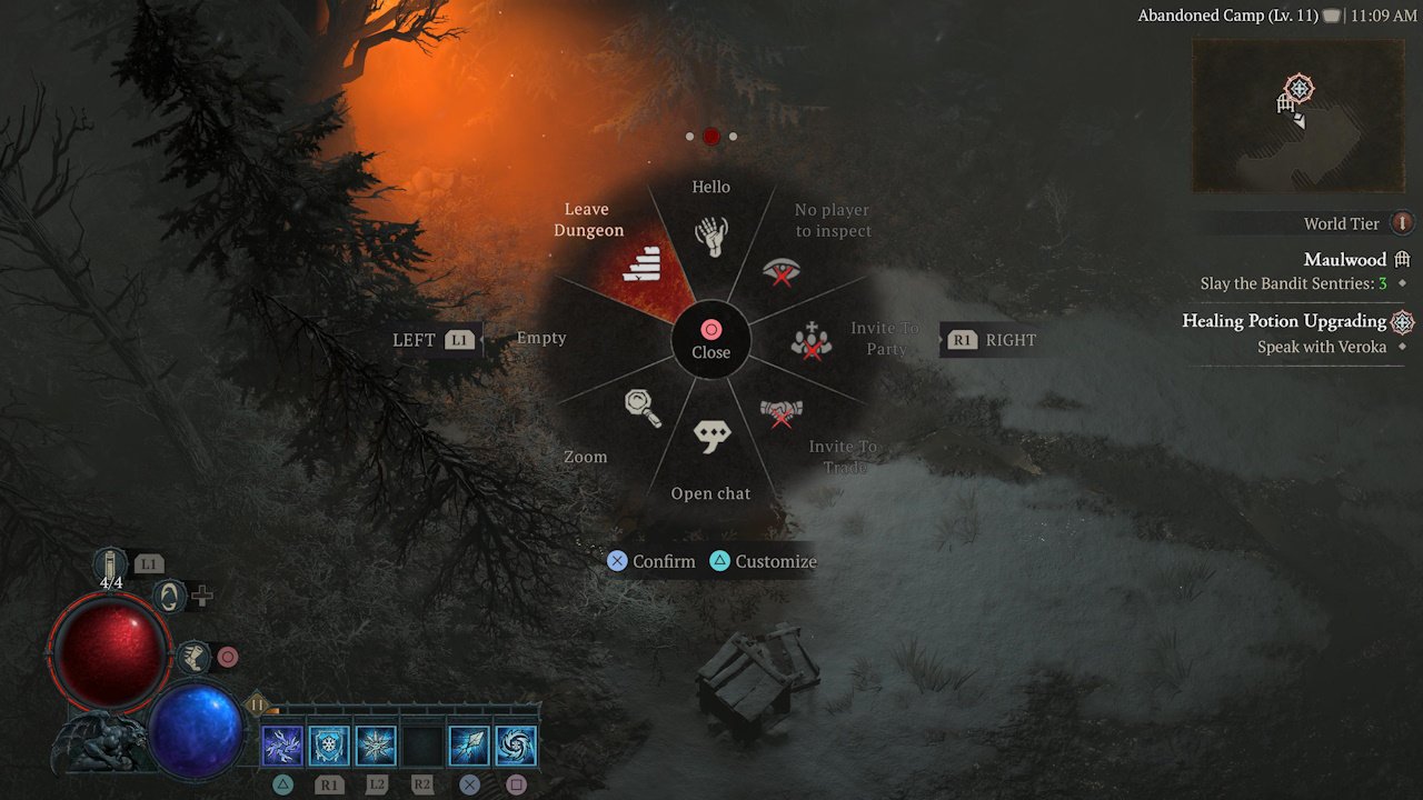 How to save in diablo 4 - the player selects the Leave Dungeon option from the game's emote wheel