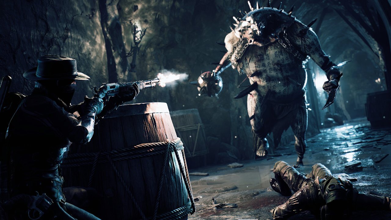 The best soulslikes Remnant 2 - the player fires a rifle from behind a barrel at a large humanoid monster covered in etchings