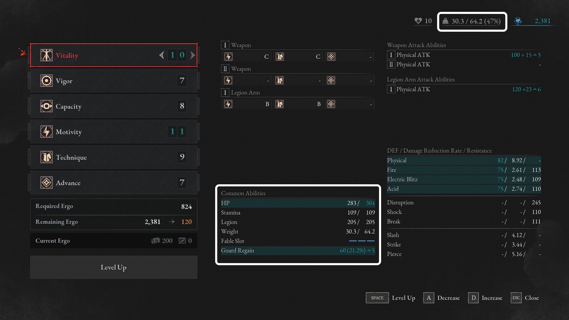 Lies of P all stats explained - the Lies of P level up screen with the Common Abilities and Weight Load highlighted