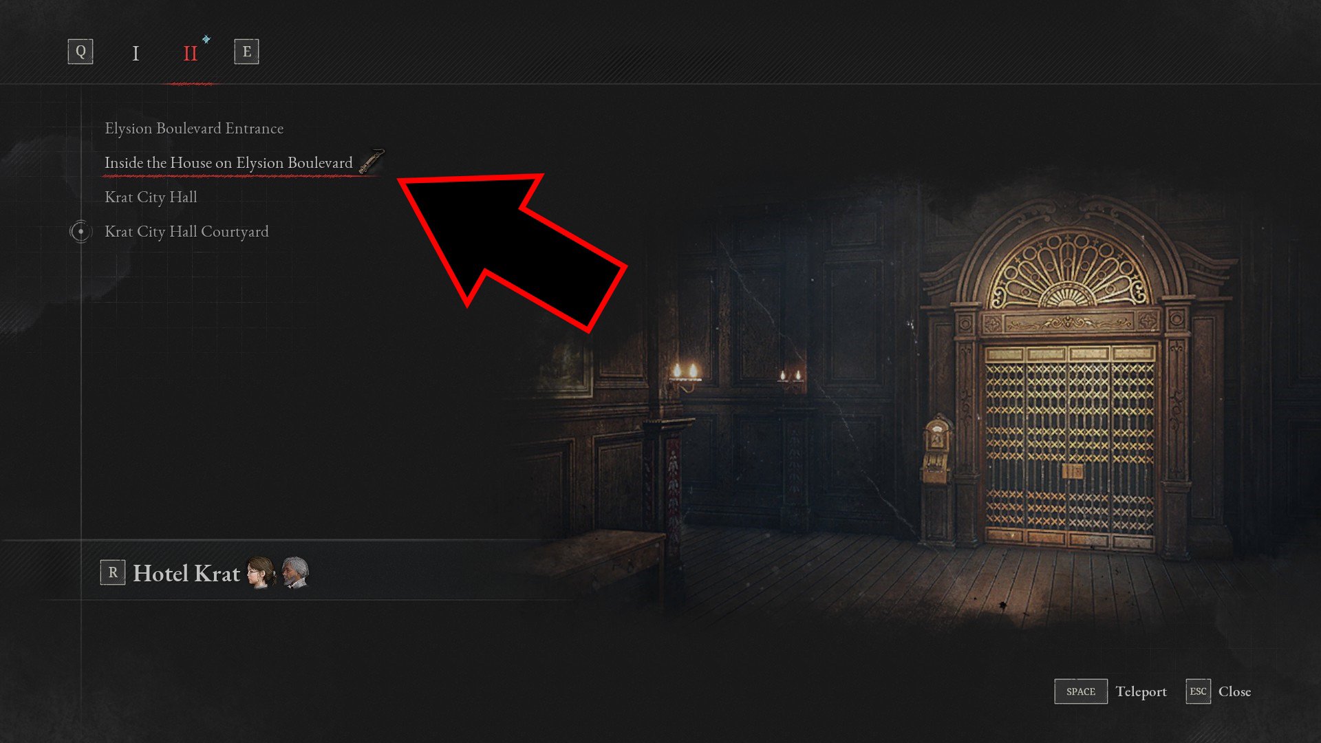 Lies of P where to use the faded whistle - the stargazer teleport selection, with an arrow pointing to the whistle icon