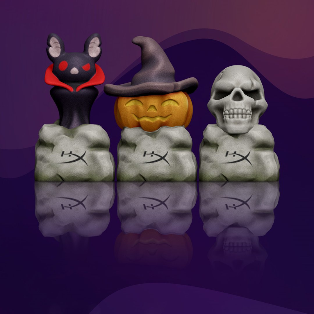 create a halloween gaming setup keycaps - the count cloud, Commander skelly, and Patty the pumpkin keycaps