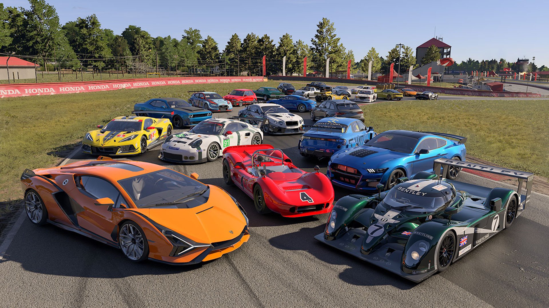 October video games forza motorsport - a collection of fancy racing cars all parked up together for a photo shoot.