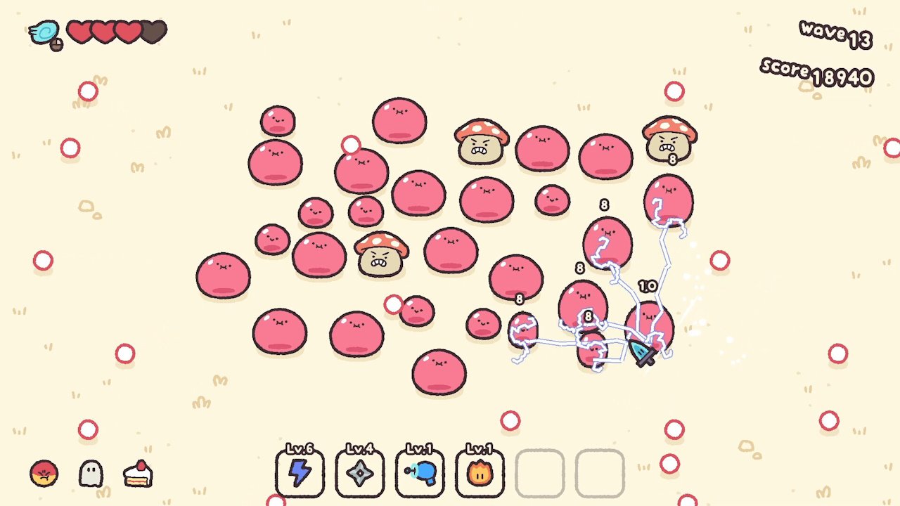 november video game underdogs cursor blade - a screenshot of the game showing the blade cursor emitting lightning toward a number of slimes and angry mushrooms